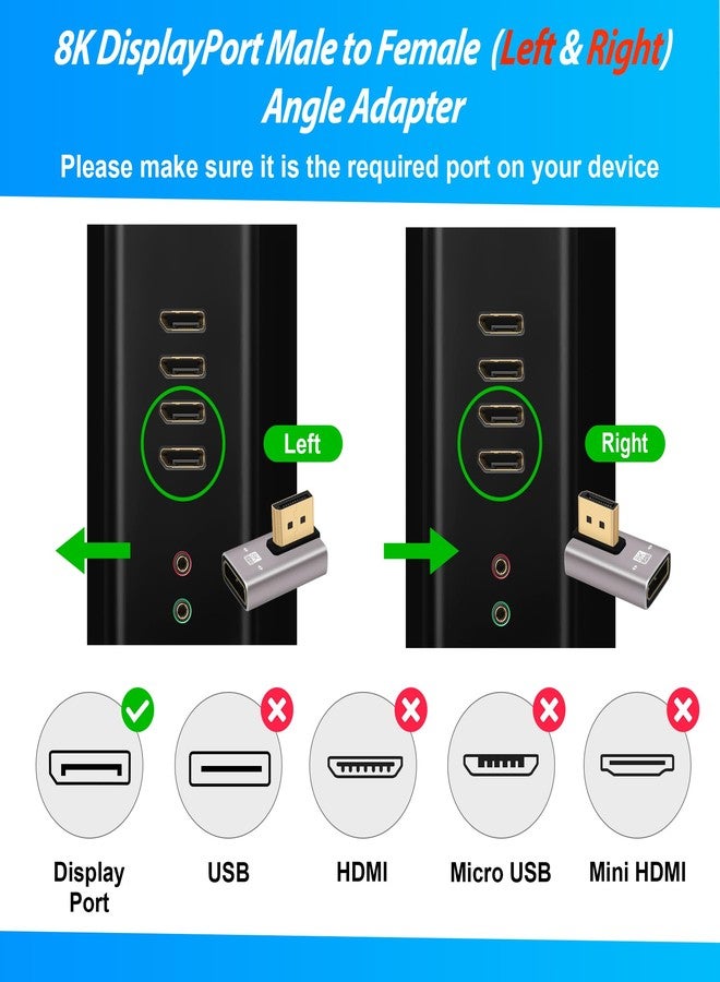 Togconn 8K DisplayPort 1.4 Adapter 90 Degree and 270 Degree Gold Plated Adapter 4 Pack, Right Angle DP Male to Female Vertical Connector Converter DP L Shape Extender, Support 8K@60Hz，4K@144Hz，4K@60Hz，4K@30Hz - Image 2